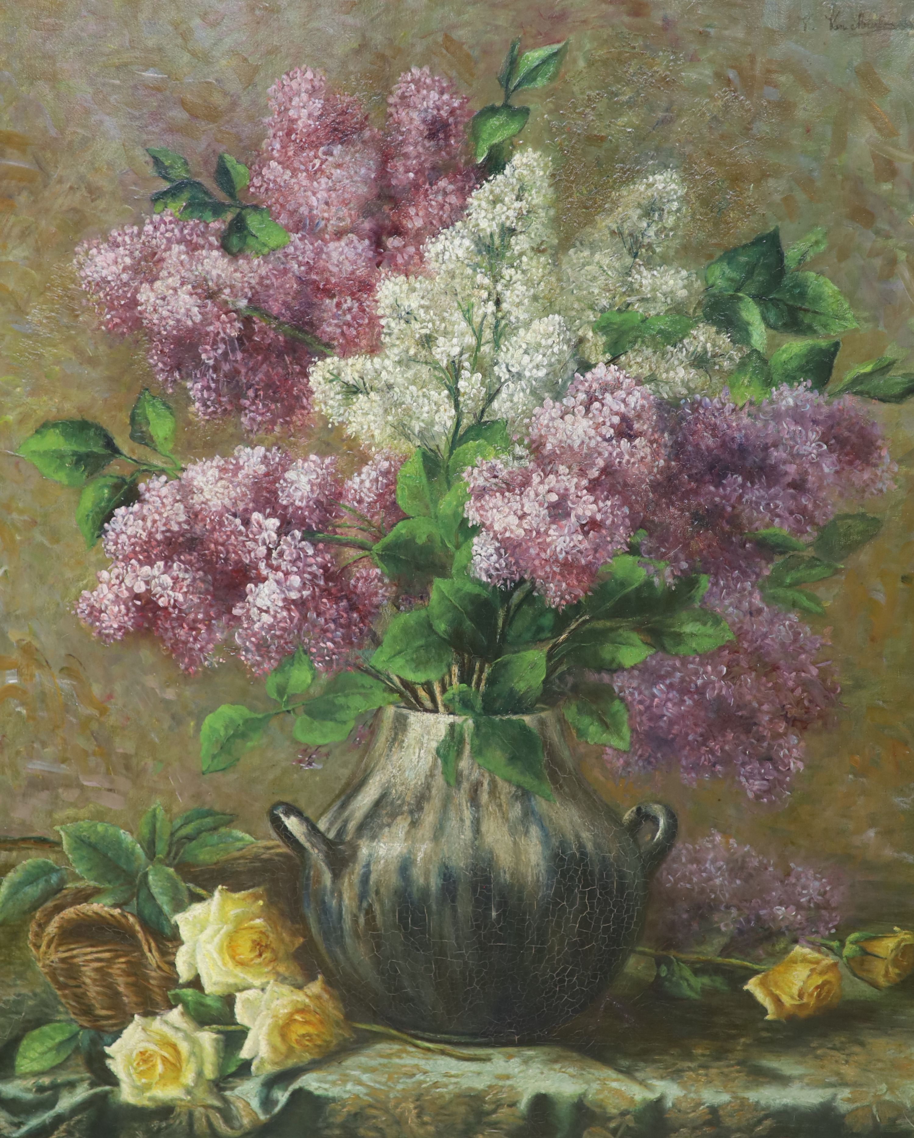 An early 20th century Continental still life study with flowers, oil on canvas, indistinctly signed, 79 x 64 cm, German Gallery labels verso.